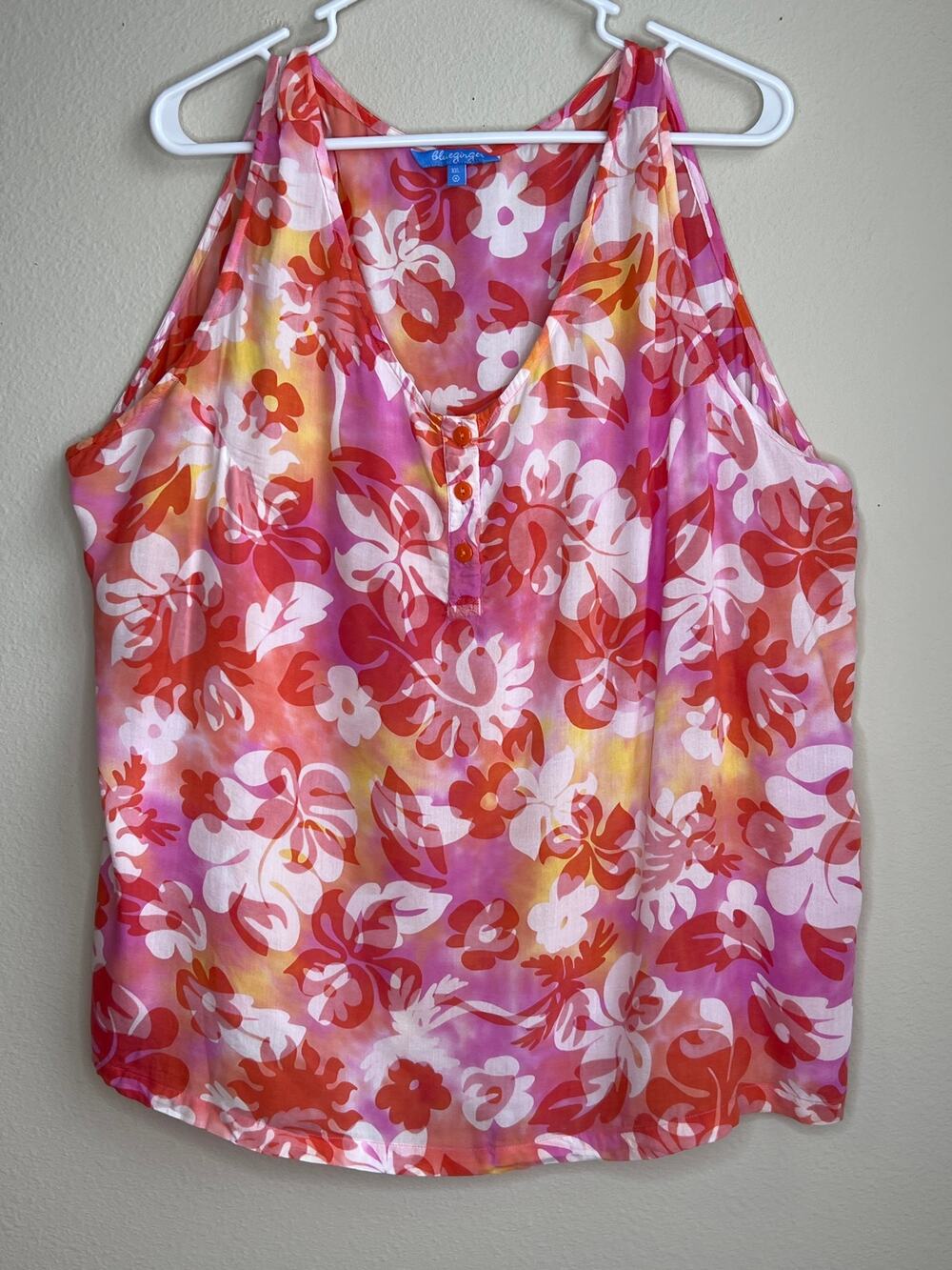 Blue Ginger Hawaiian Rayon Floral Tank Top Pink Orange XXL Beach Resort Casual